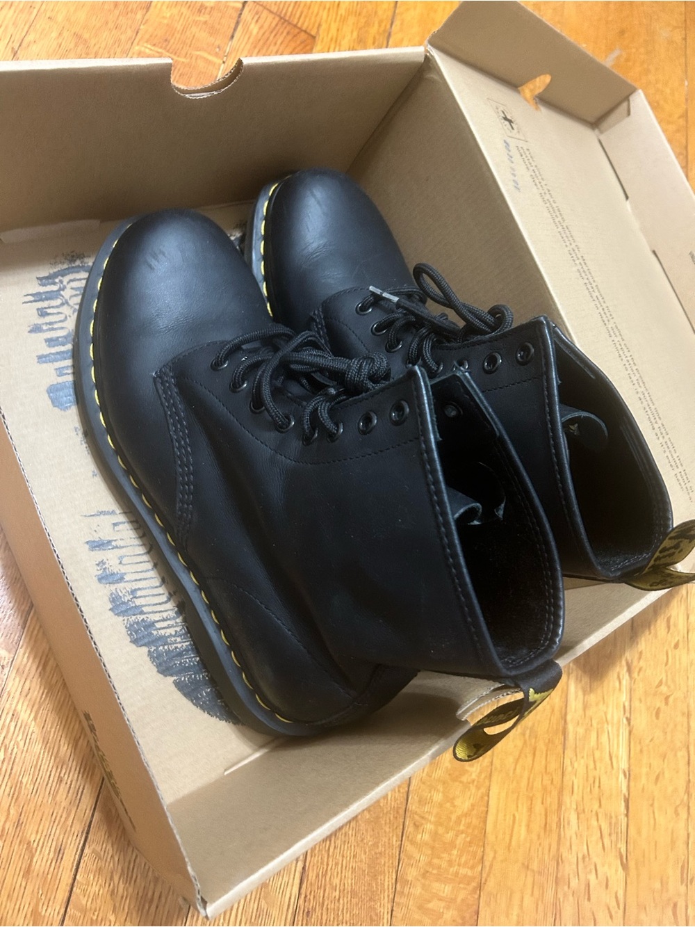 Dr. Martens Black Leather Lace-Up Boots with Yellow Stitching